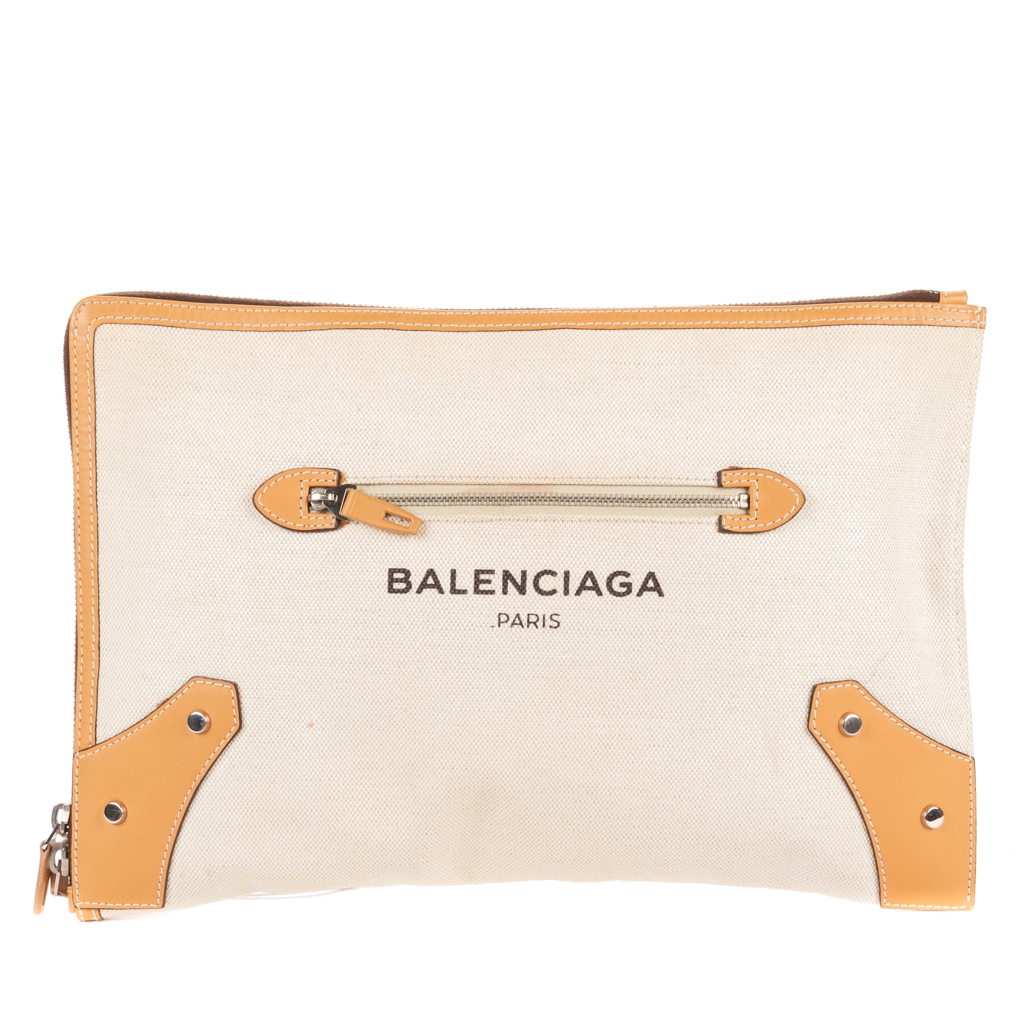 Handbag Logo Zip Clutch Beige Woven Canvas