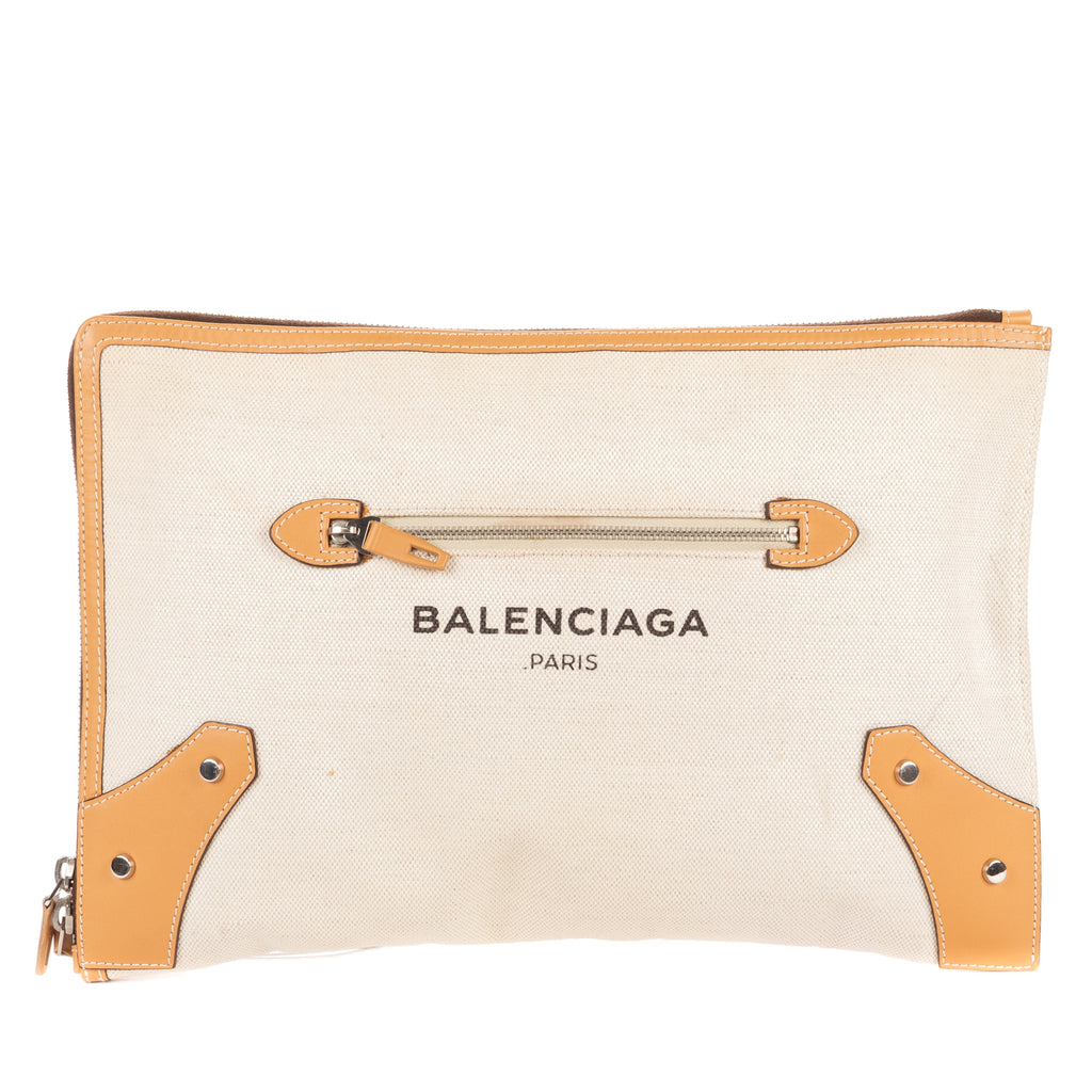 Handbag Logo Zip Clutch Beige Woven Canvas