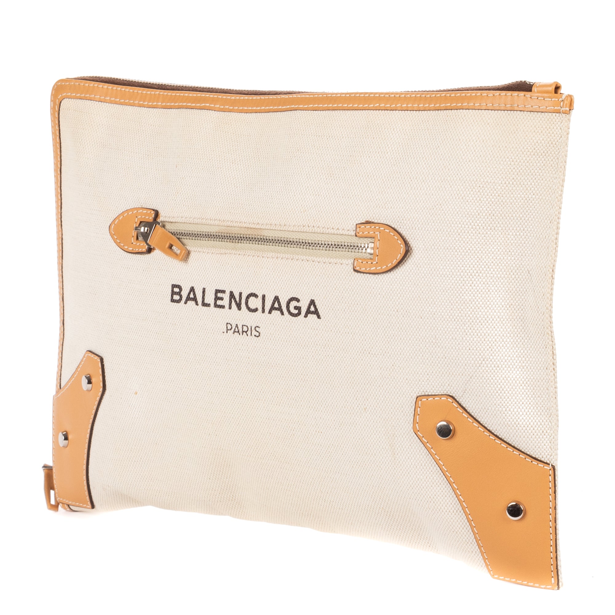 Handbag Logo Zip Clutch Beige Woven Canvas