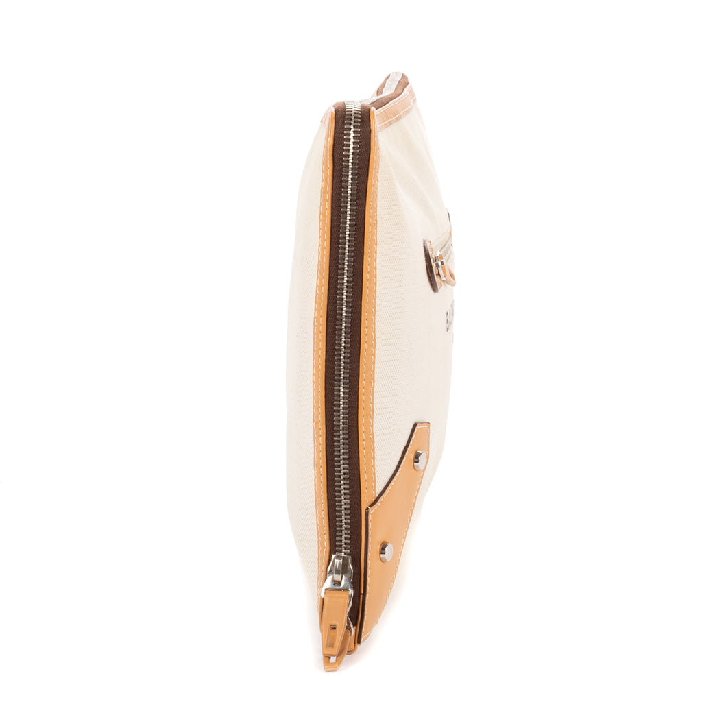 Handbag Logo Zip Clutch Beige Woven Canvas