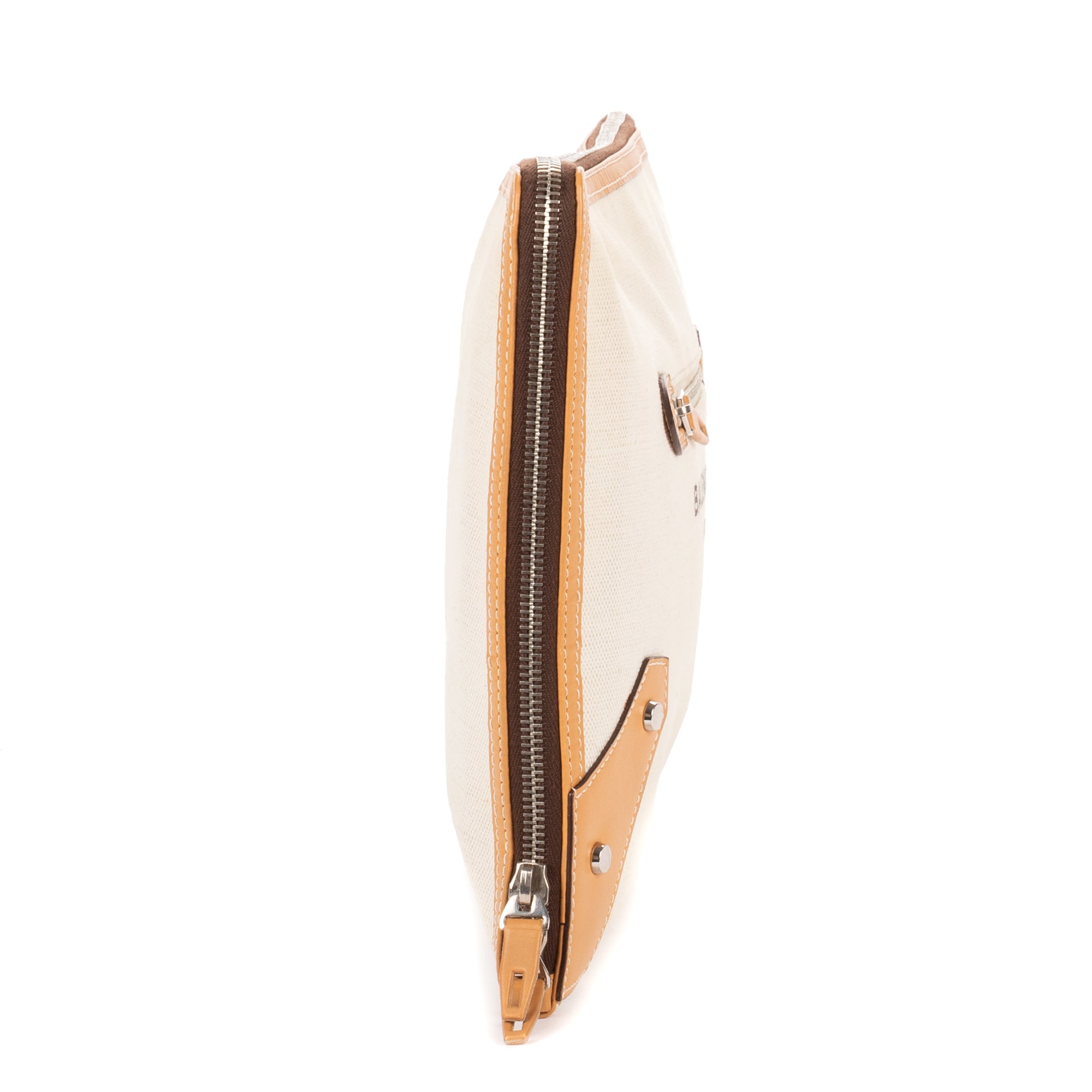 Handbag Logo Zip Clutch Beige Woven Canvas