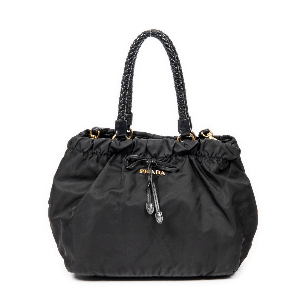 Shoulder Bag Braided Bow Tote Black Nylon Canvas