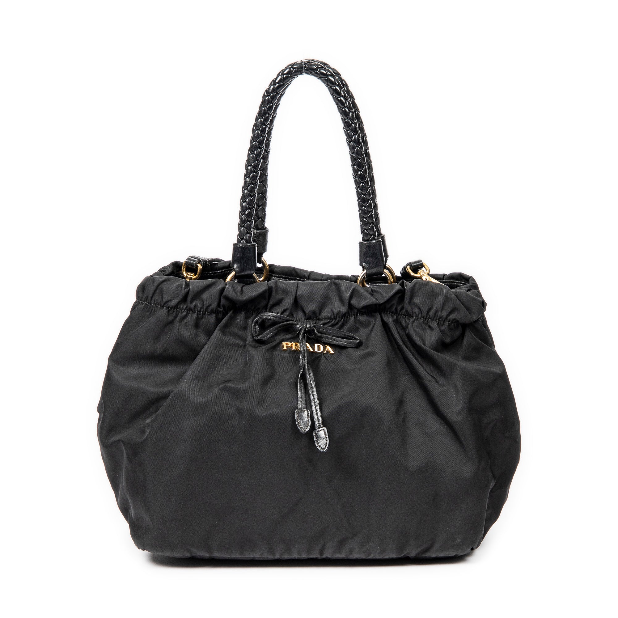 Shoulder Bag Braided Bow Tote Black Nylon Canvas