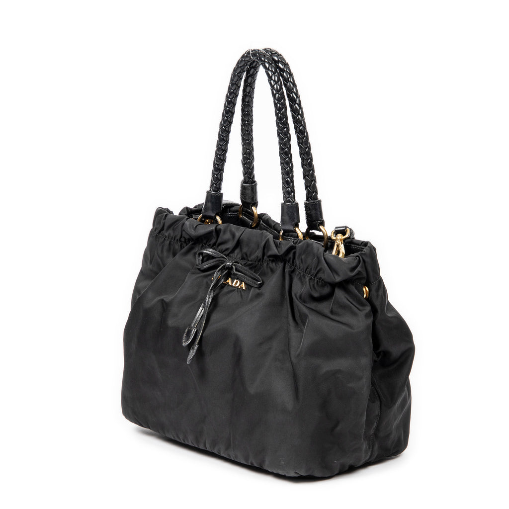 Shoulder Bag Braided Bow Tote Black Nylon Canvas