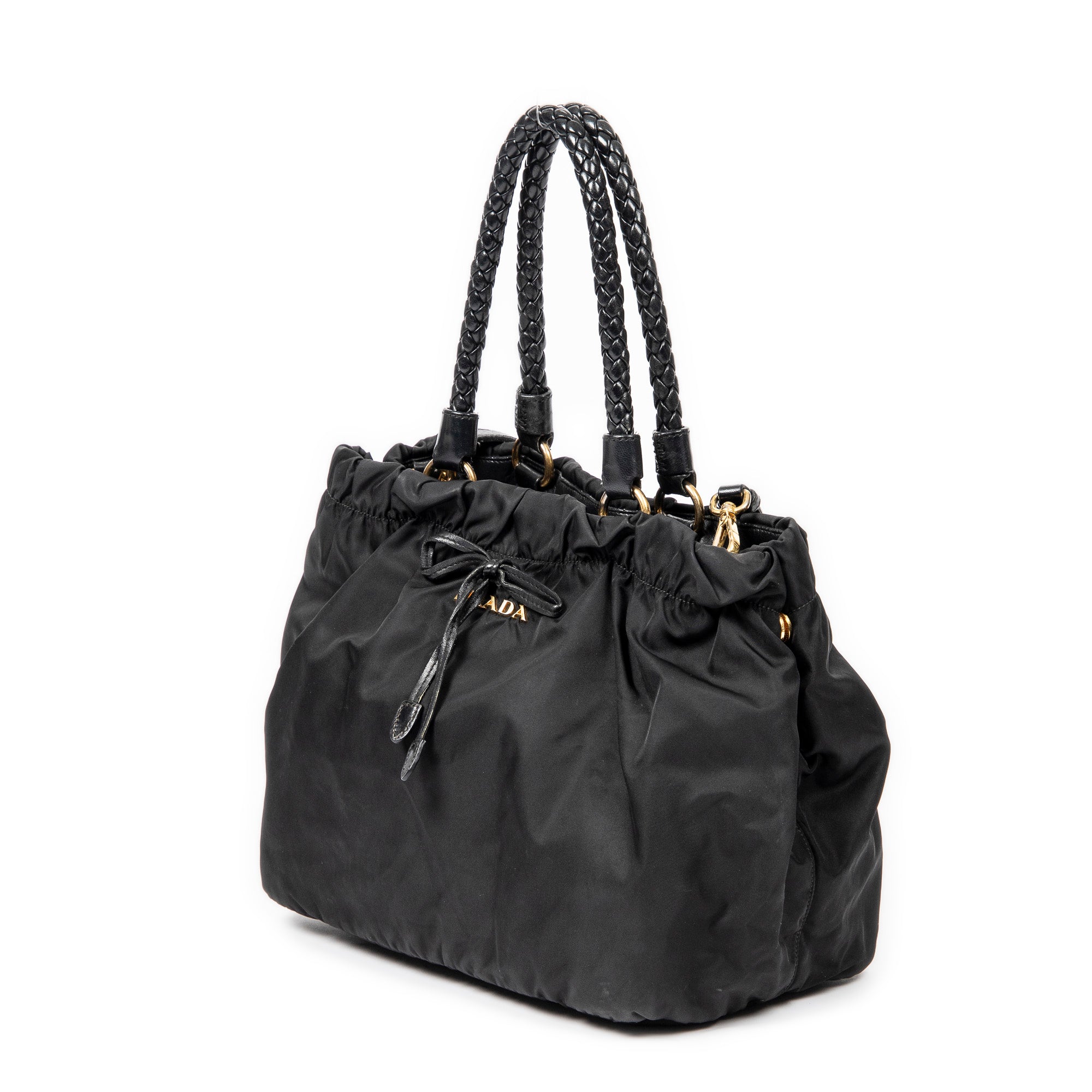 Shoulder Bag Braided Bow Tote Black Nylon Canvas