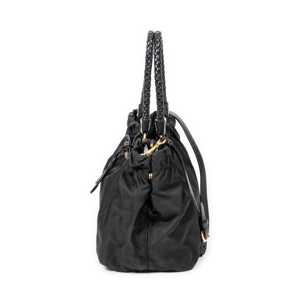 Shoulder Bag Braided Bow Tote Black Nylon Canvas