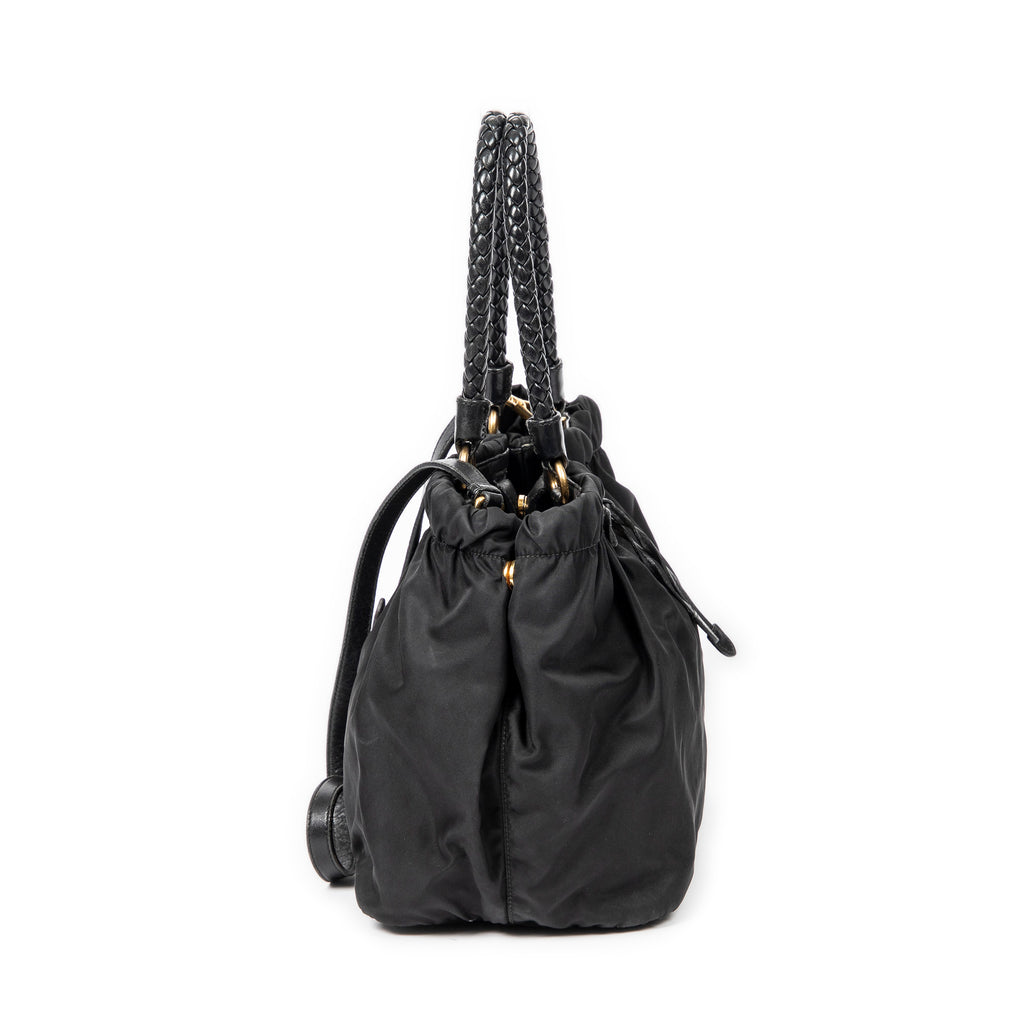 Shoulder Bag Braided Bow Tote Black Nylon Canvas