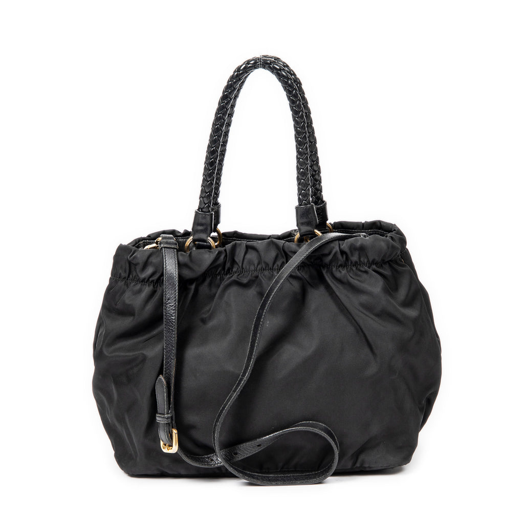 Shoulder Bag Braided Bow Tote Black Nylon Canvas