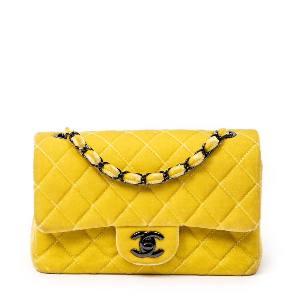 Shoulder Bag Mini Classic Flap Yellow Quilted Velvet Canvas