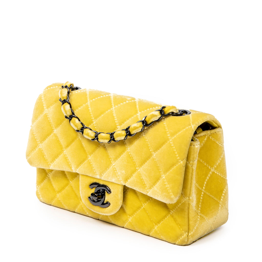 Shoulder Bag Mini Classic Flap Yellow Quilted Velvet Canvas
