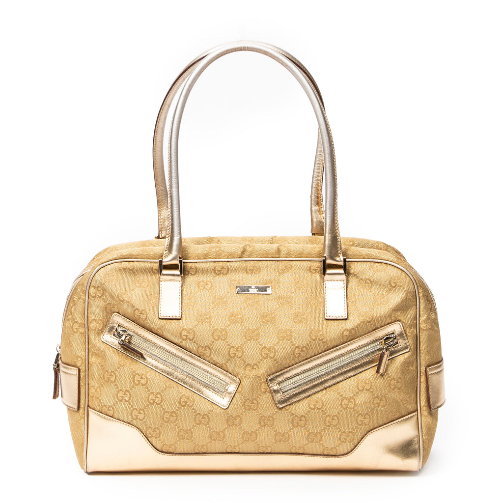 Shoulder Bag Front Zipper Boston Gold Monogrammed Canvas
