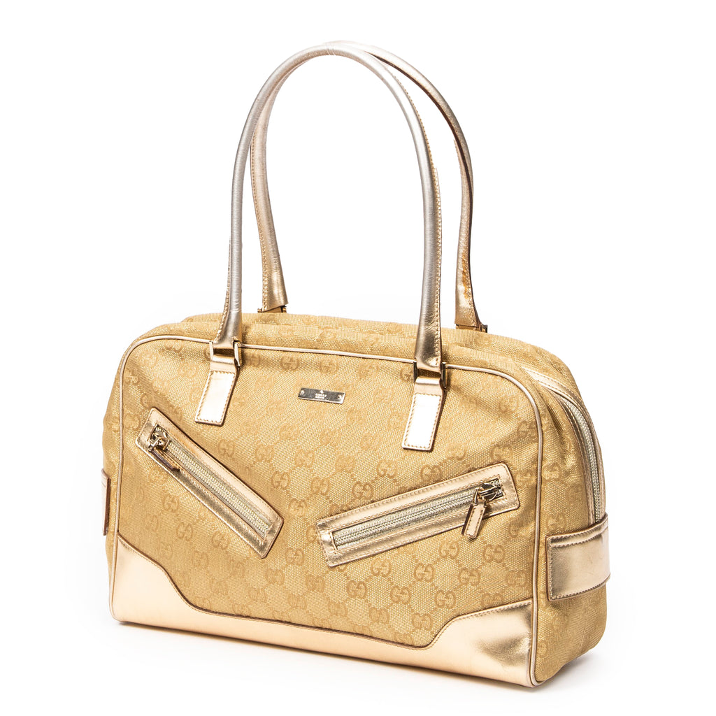 Shoulder Bag Front Zipper Boston Gold Monogrammed Canvas