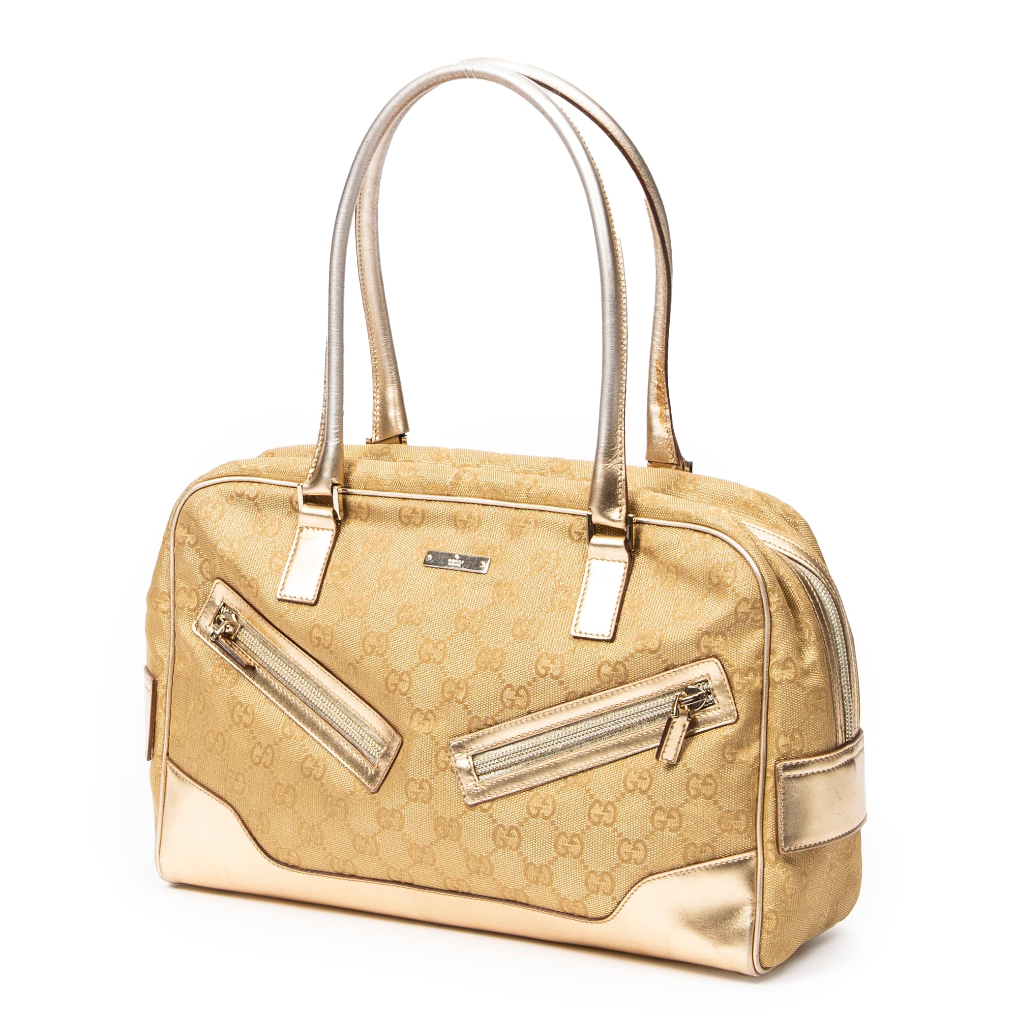 Shoulder Bag Front Zipper Boston Gold Monogrammed Canvas