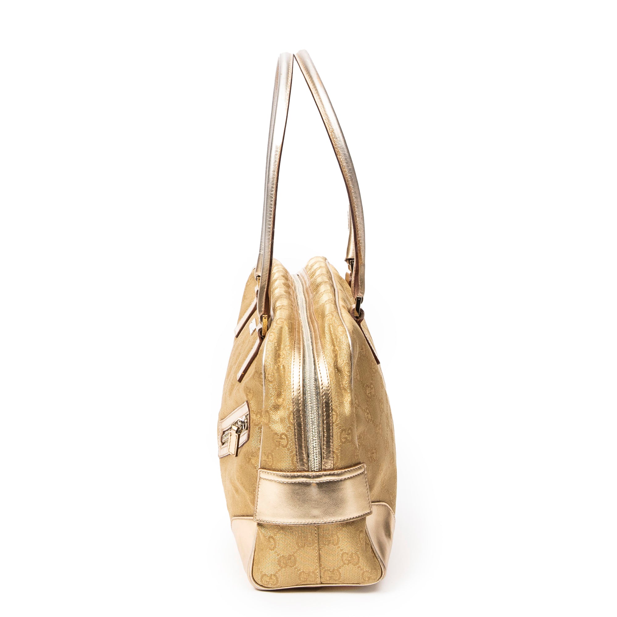 Shoulder Bag Front Zipper Boston Gold Monogrammed Canvas