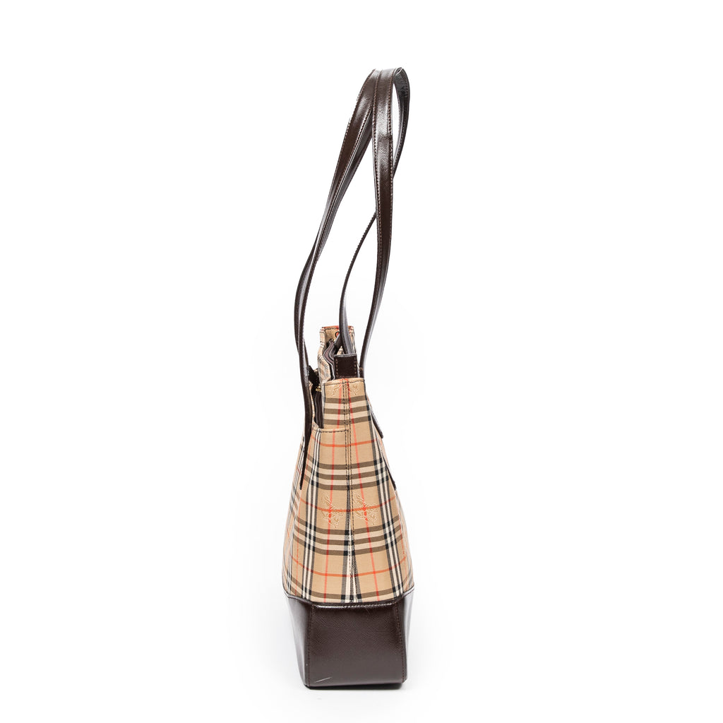 Bolso de hombro grande con cremallera, estilo tote para compras, lona Haymarket Check beige