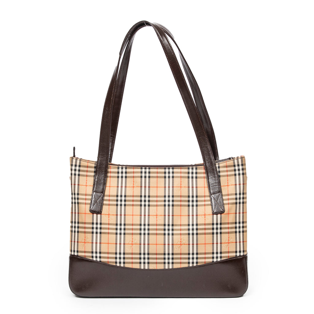 Bolso de hombro grande con cremallera, estilo tote para compras, lona Haymarket Check beige