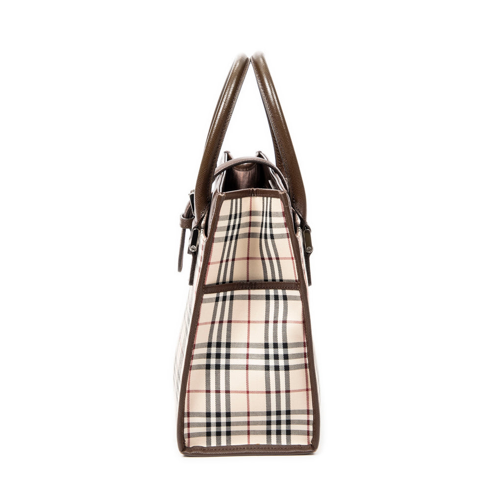 Bolso de mano pequeño tipo tote cuadrado, lona beige Nova Check