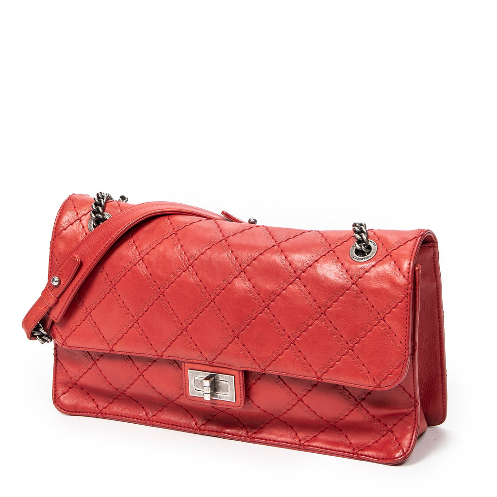 Shoulder Bag CC Mademoiselle Embossed Ultimate Stitch Flap Red Quilted Calfskin Leather