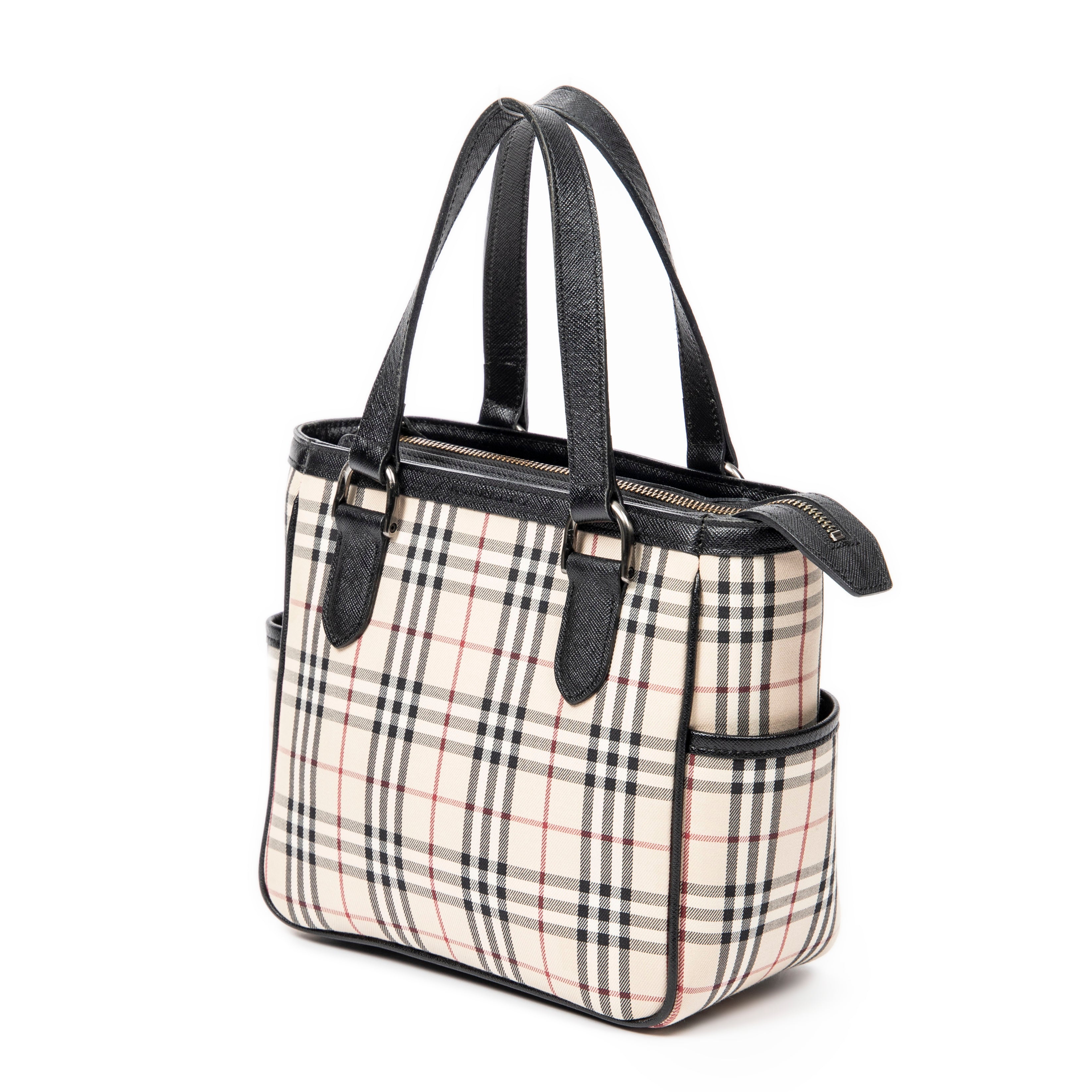 Shoulder Bag Side Pocket Zip Tote Beige Nova Check Canvas