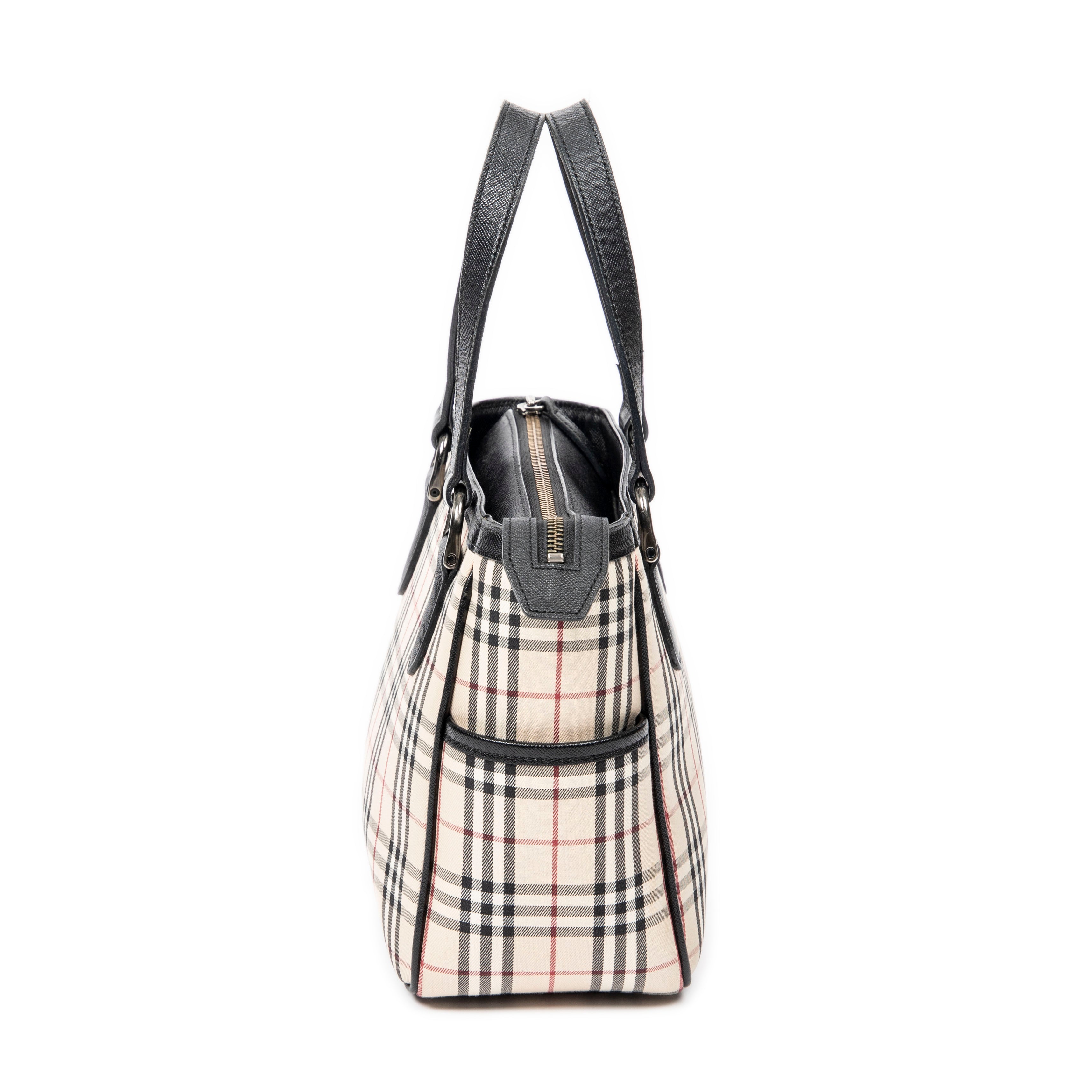 Shoulder Bag Side Pocket Zip Tote Beige Nova Check Canvas