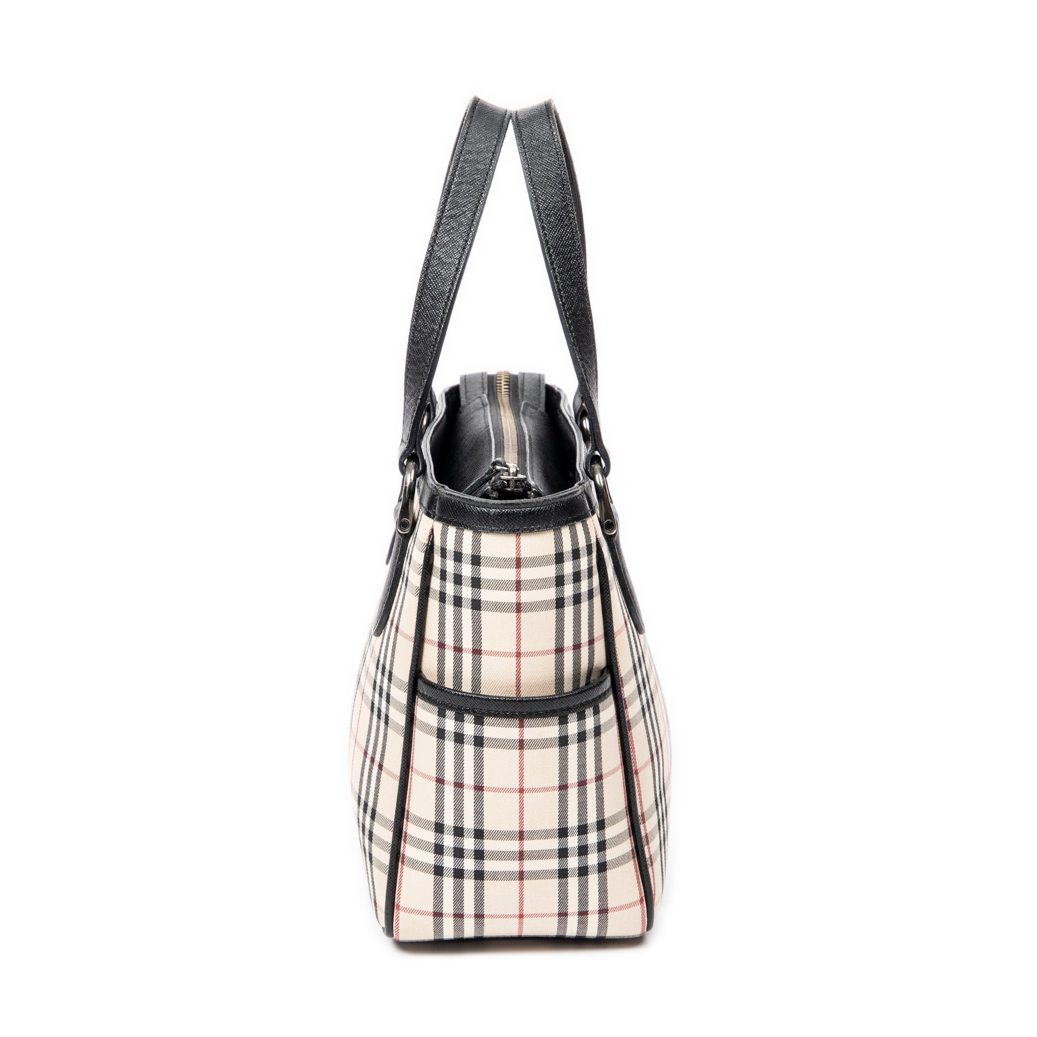Shoulder Bag Side Pocket Zip Tote Beige Nova Check Canvas