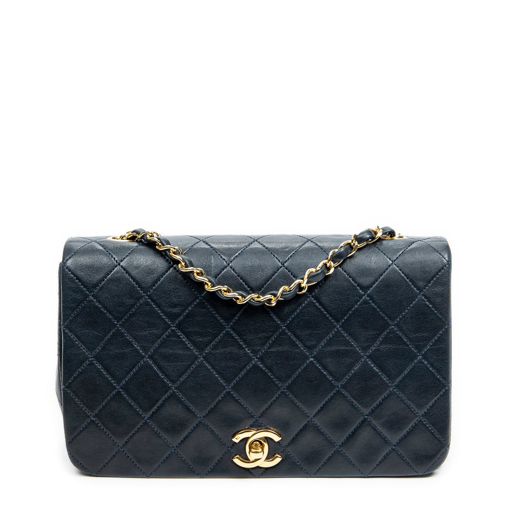 Shoulder Bag CC Turn Lock Mademoiselle Full Flap Navy Blue Quilted Lambskin Leather