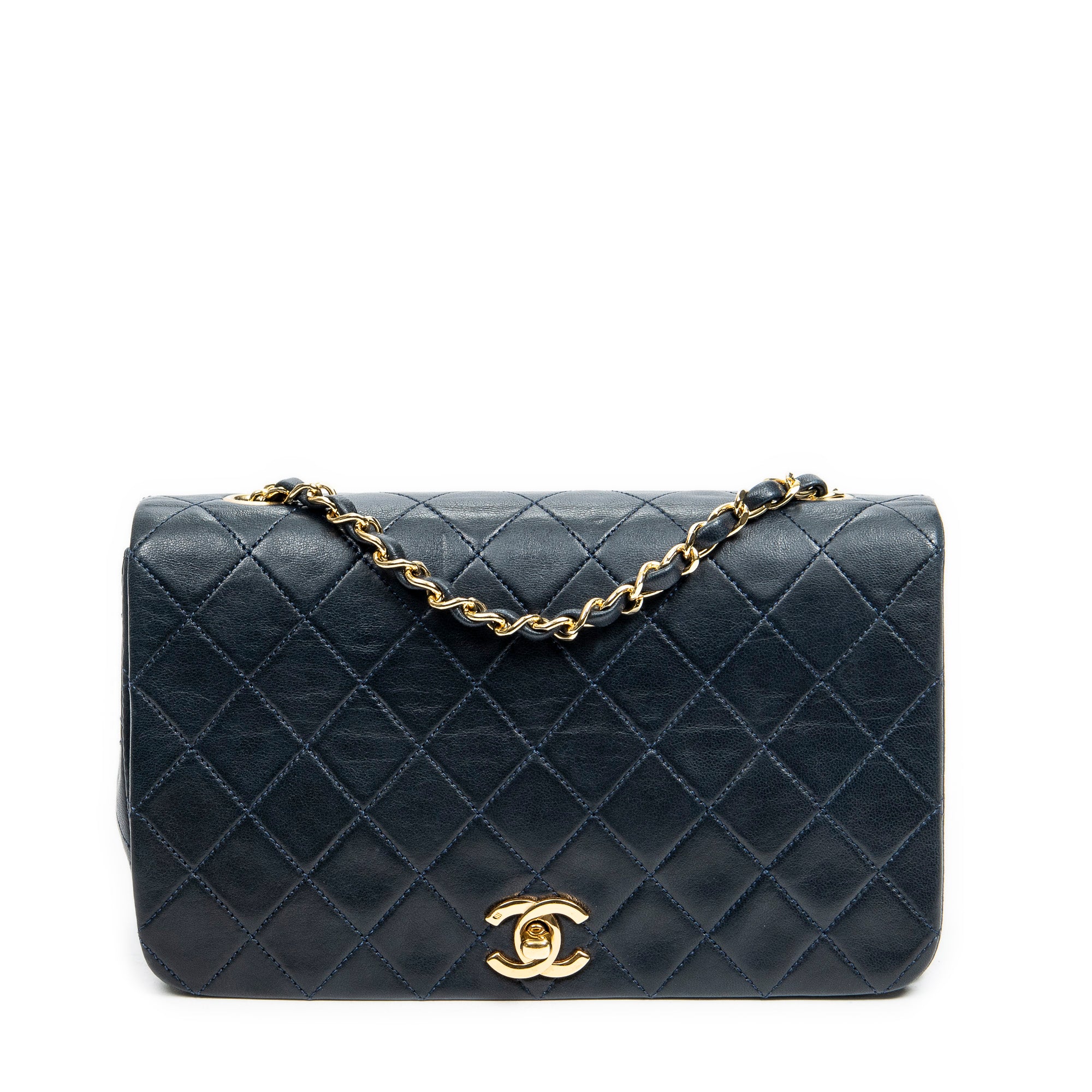 Shoulder Bag CC Turn Lock Mademoiselle Full Flap Navy Blue Quilted Lambskin Leather