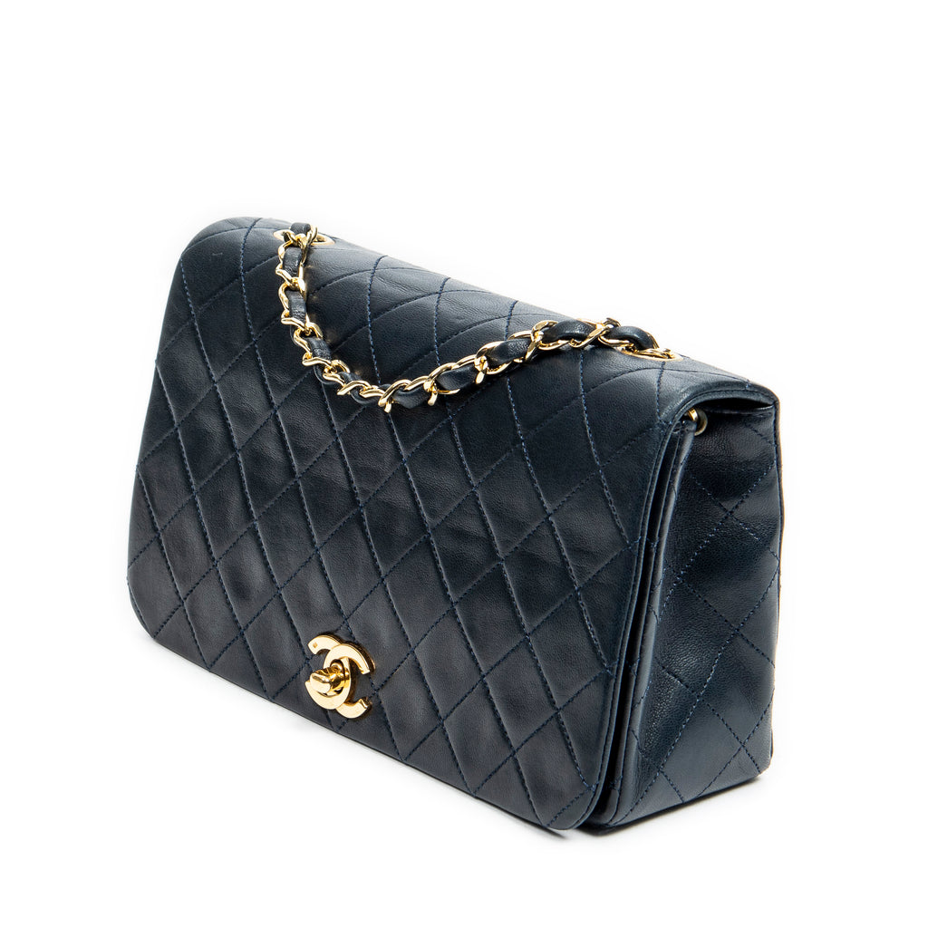 Shoulder Bag CC Turn Lock Mademoiselle Full Flap Navy Blue Quilted Lambskin Leather