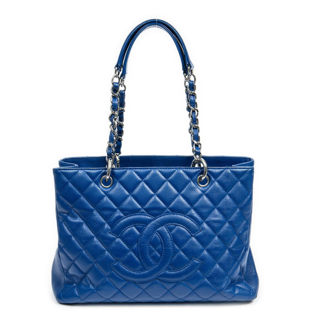 Sac à bandoulière Grand Shopping Tote en cuir caviar matelassé bleu