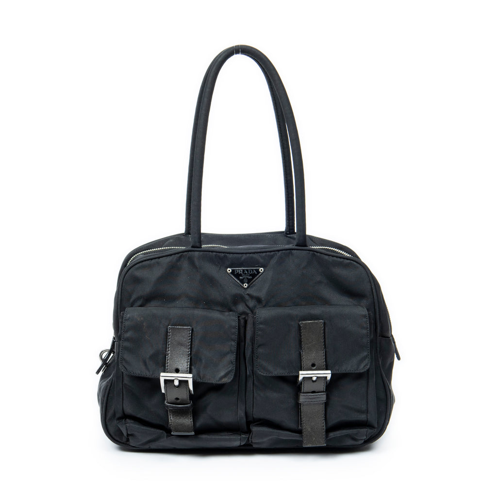 Shoulder Bag Small Double Buckle Bowler Black Nylon Canvas