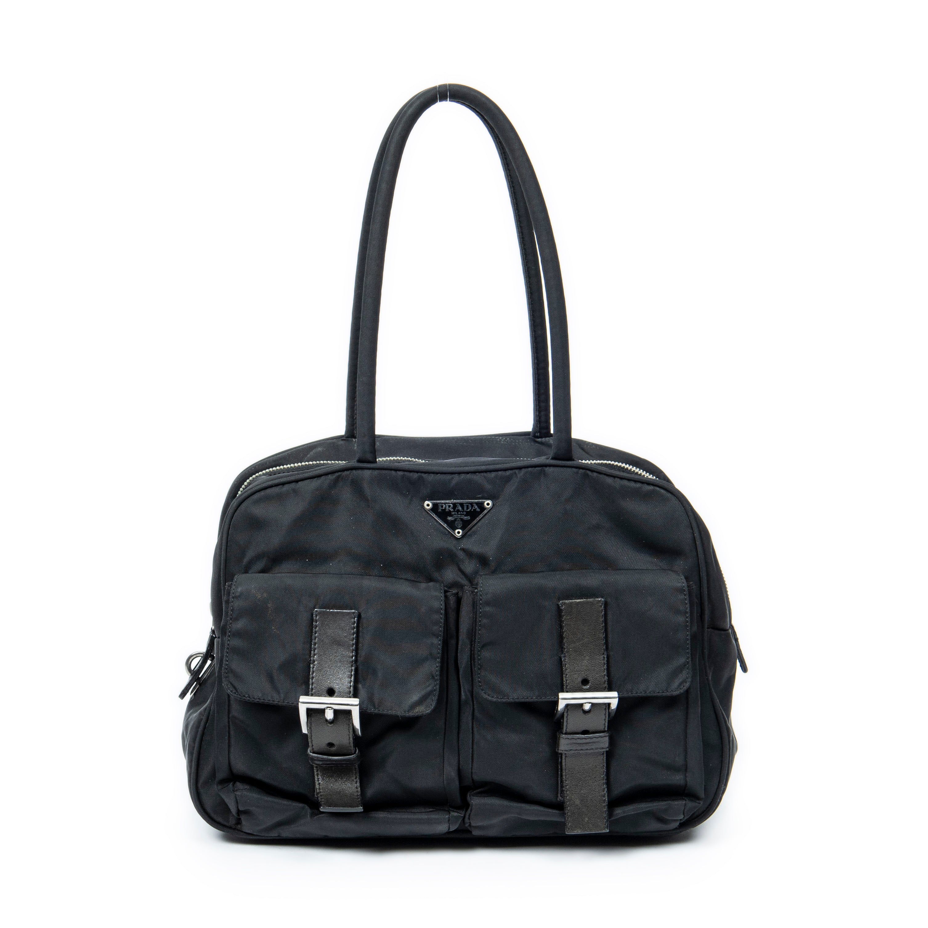 Shoulder Bag Small Double Buckle Bowler Black Nylon Canvas