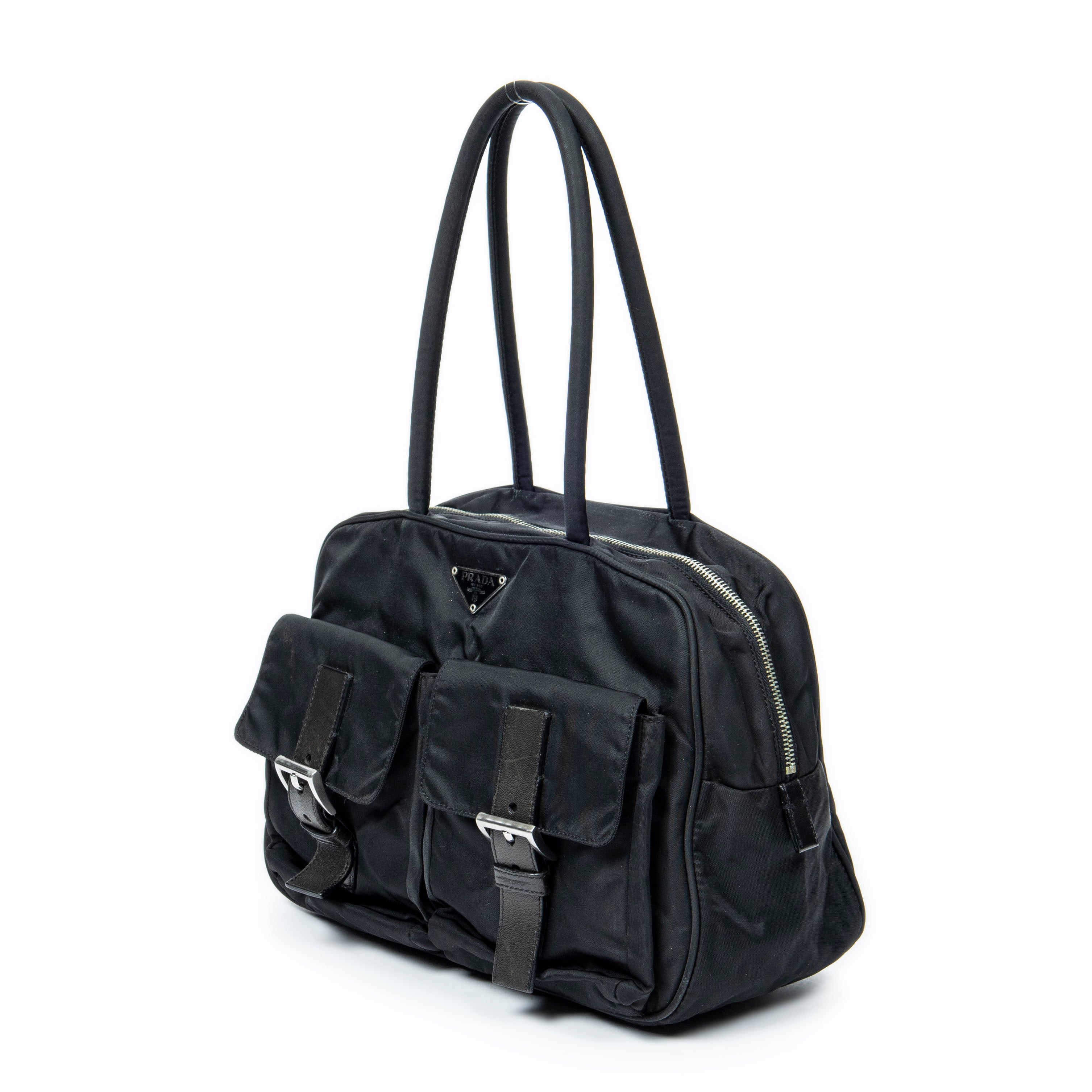 Shoulder Bag Small Double Buckle Bowler Black Nylon Canvas
