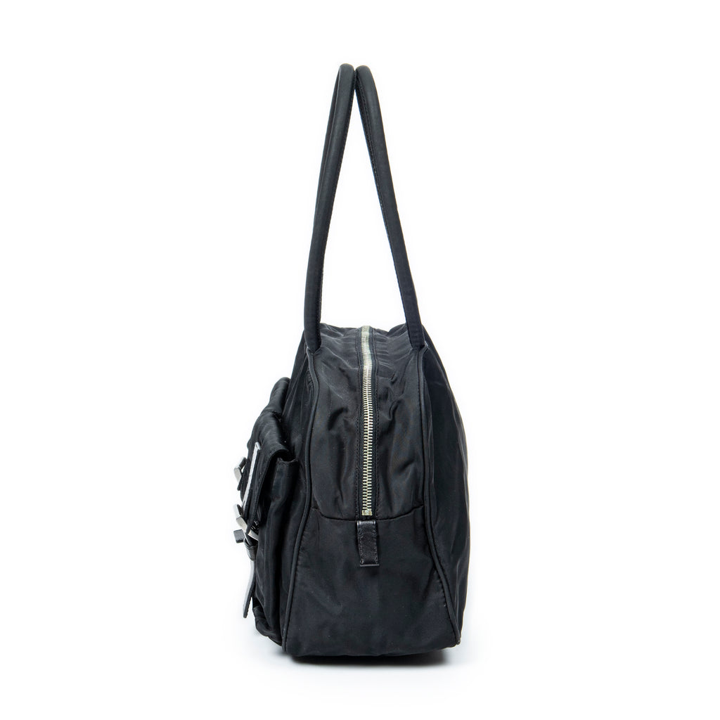 Shoulder Bag Small Double Buckle Bowler Black Nylon Canvas