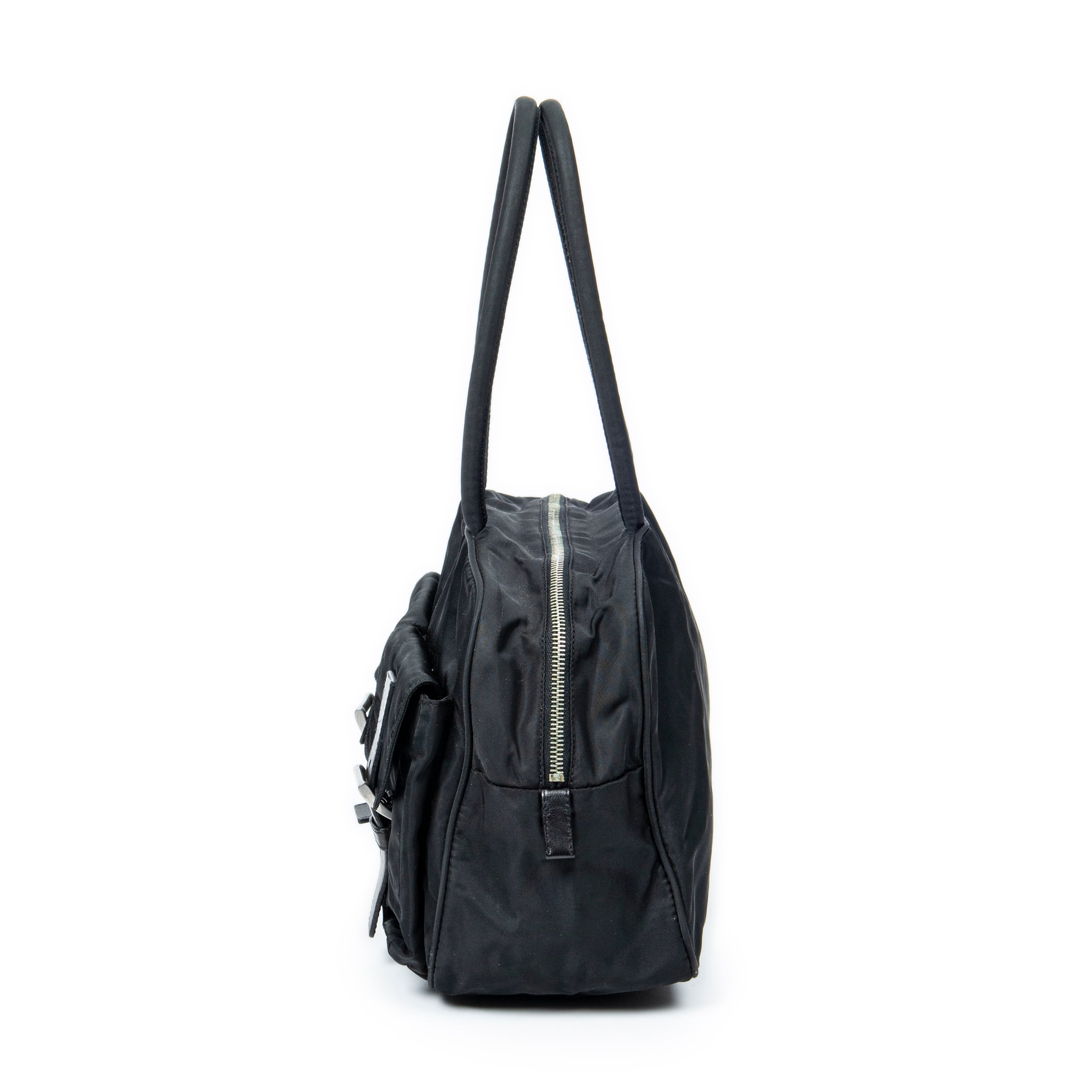 Shoulder Bag Small Double Buckle Bowler Black Nylon Canvas
