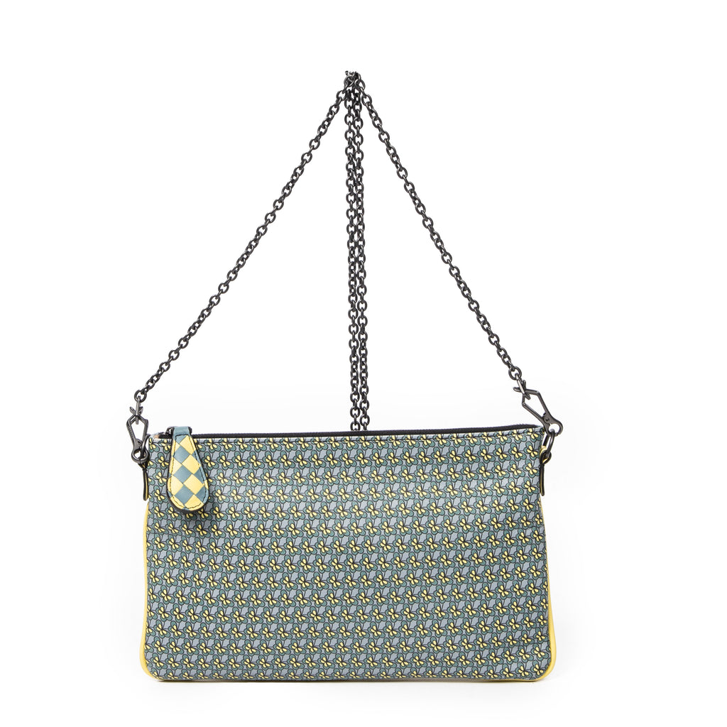Shoulder Bag Chain Zip Clutch Yellow Butterfly Print Leather