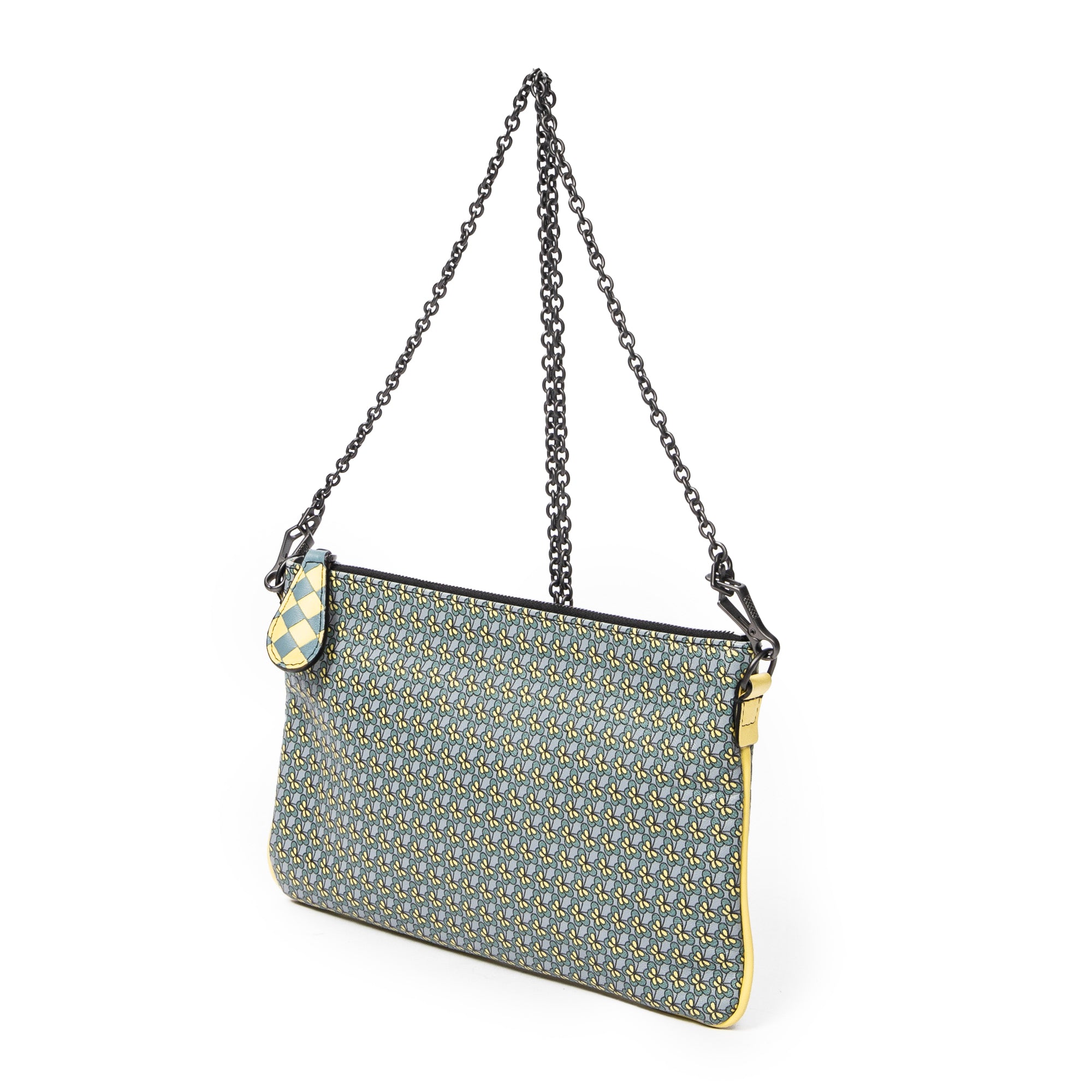 Shoulder Bag Chain Zip Clutch Yellow Butterfly Print Leather