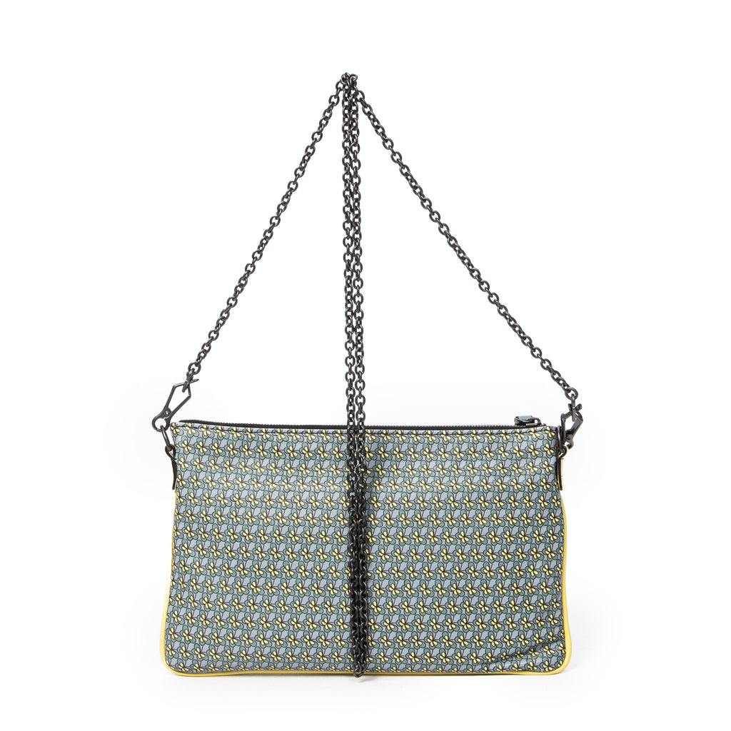 Shoulder Bag Chain Zip Clutch Yellow Butterfly Print Leather