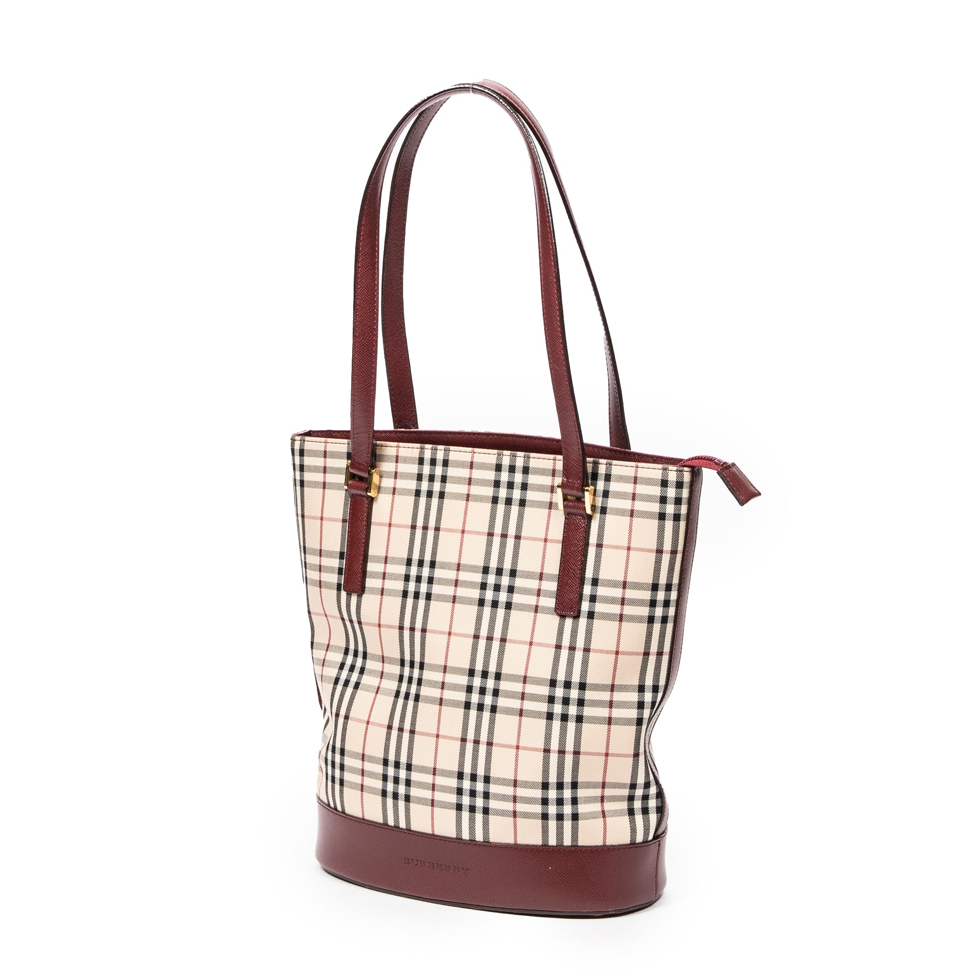 Burberry - Petit sac seau zippé - Beige/Bordeaux