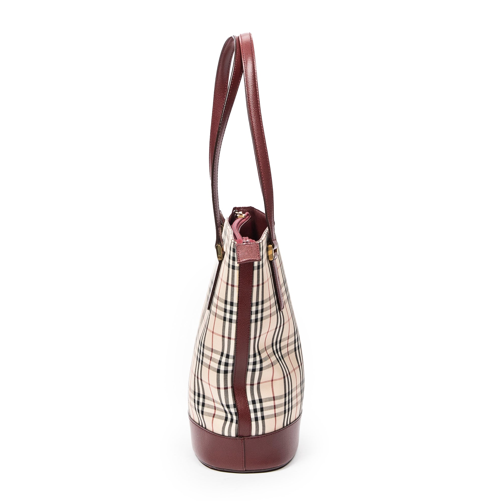 Burberry - Petit sac seau zippé - Beige/Bordeaux