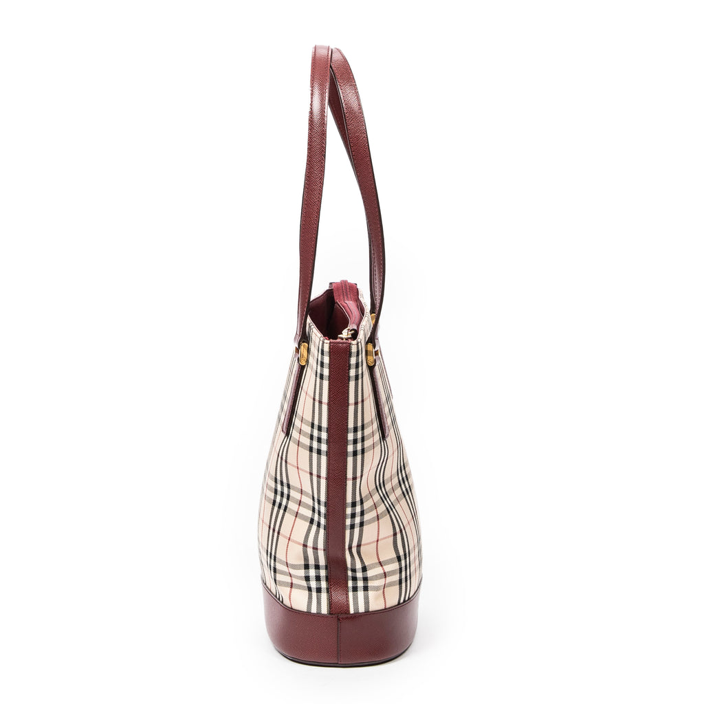 Burberry - Petit sac seau zippé - Beige/Bordeaux