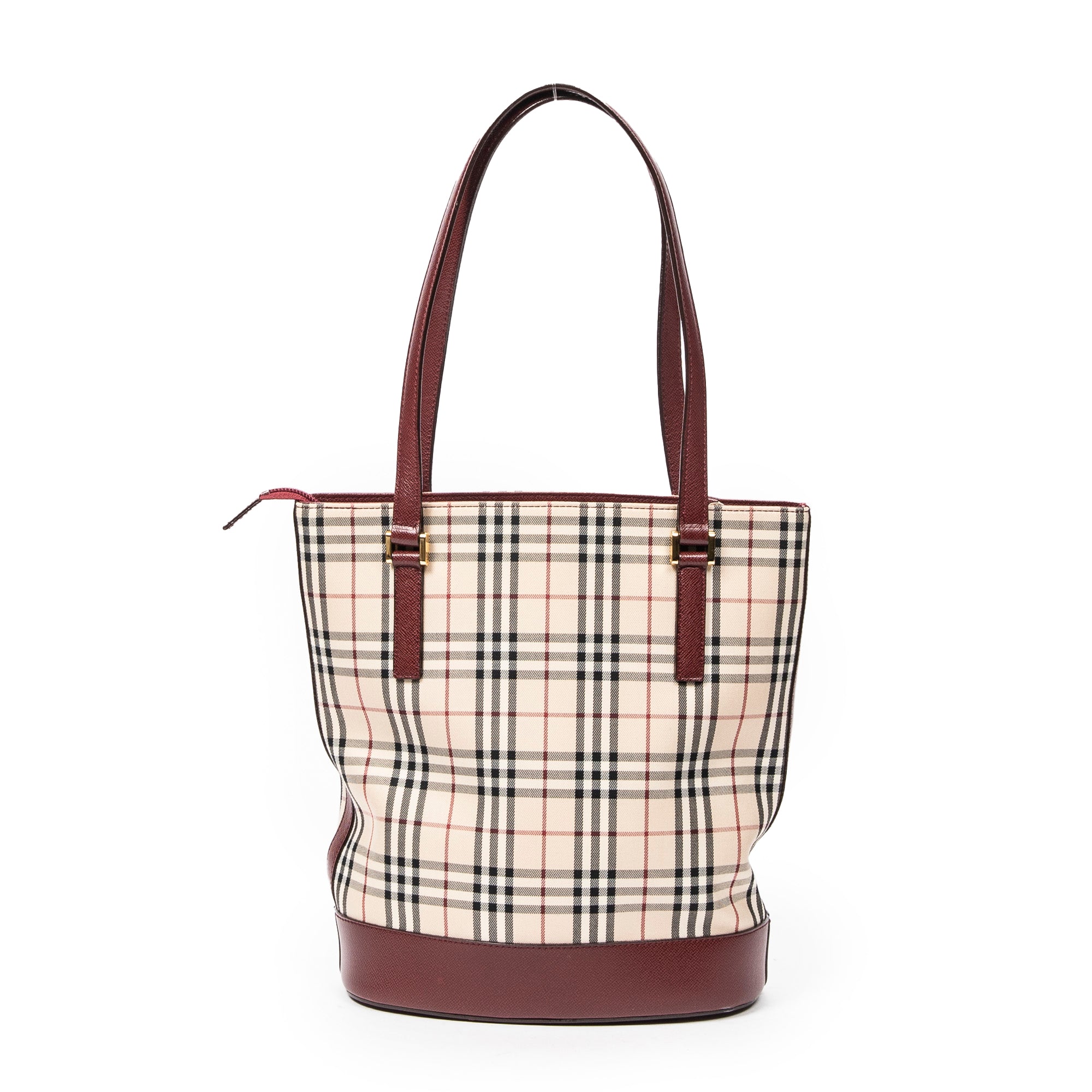 Burberry - Petit sac seau zippé - Beige/Bordeaux
