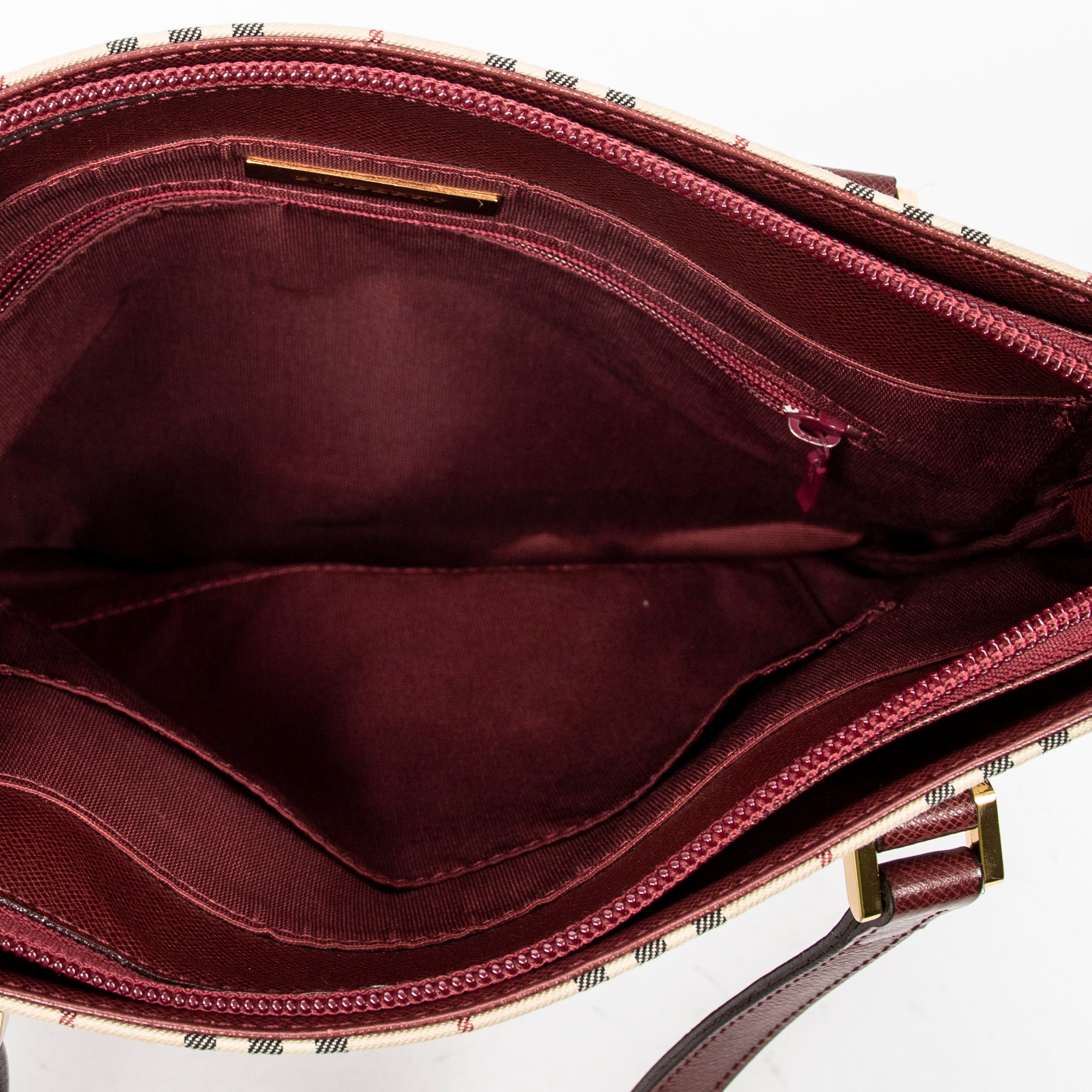 Burberry - Petit sac seau zippé - Beige/Bordeaux
