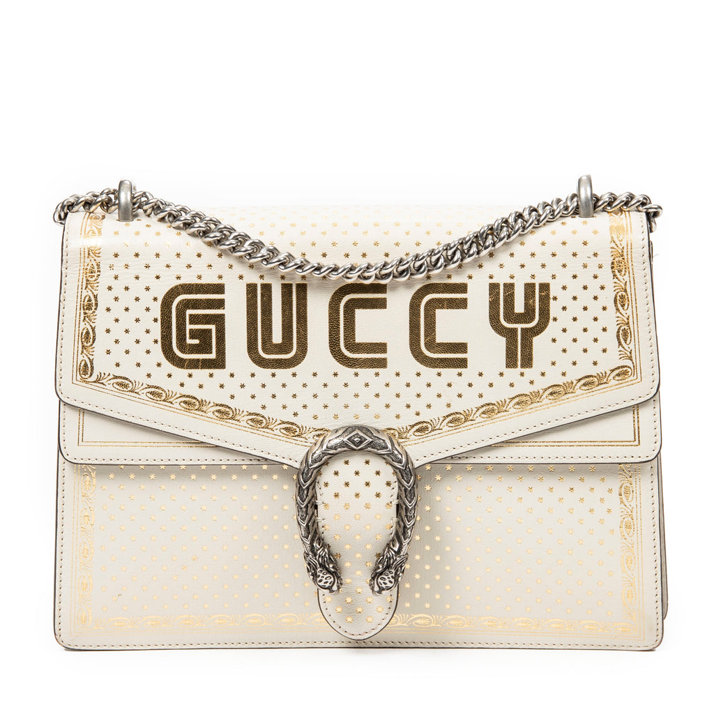 Bolso de hombro Gucci x Sega Guccy Stars mediano Dionysus de cuero con estampado Guccy Stars en color marfil