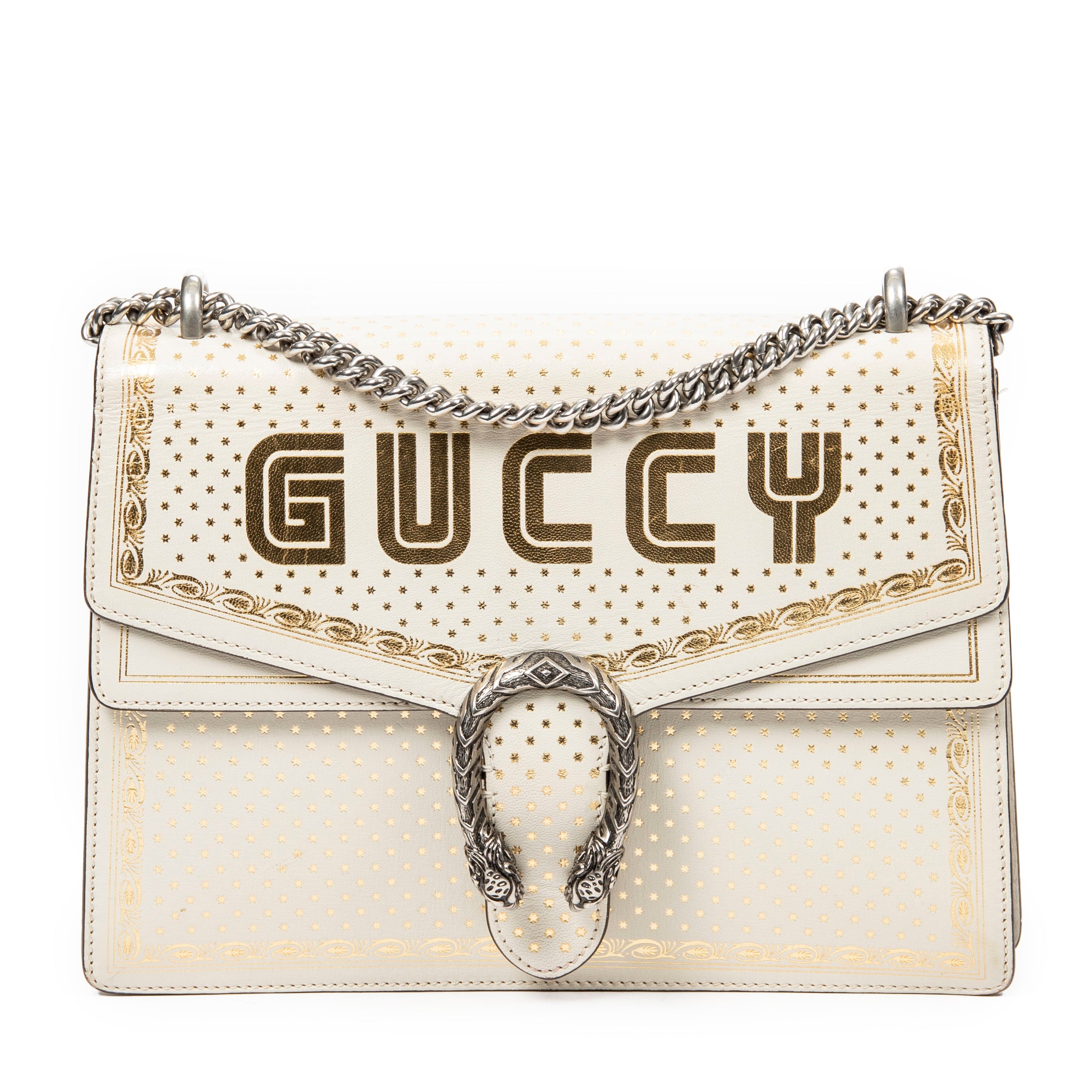 Bolso de hombro Gucci x Sega Guccy Stars mediano Dionysus de cuero con estampado Guccy Stars en color marfil