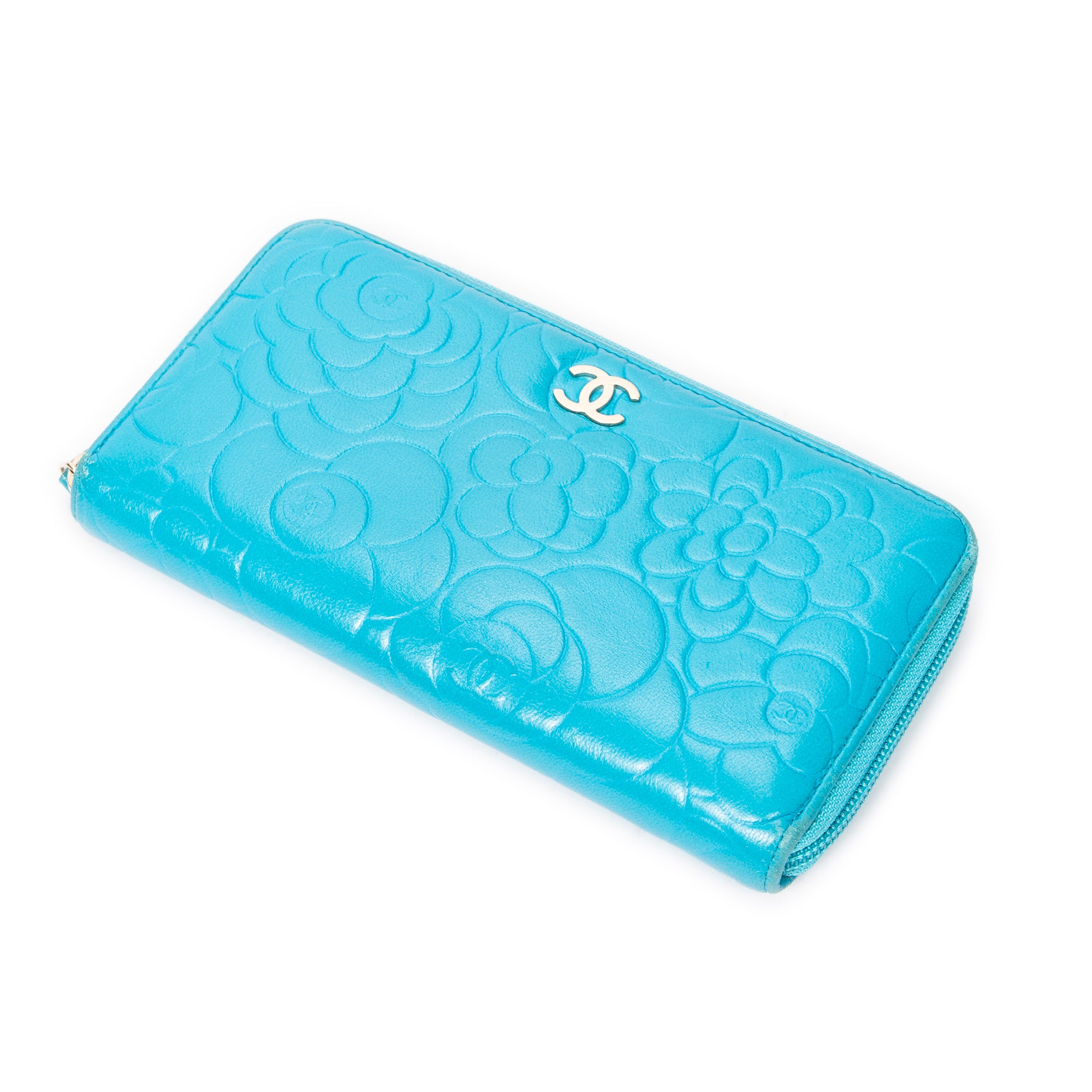 Wallet CC Camellia Zip Around Wallet Teal Camellia Embossed Calfskin Leather