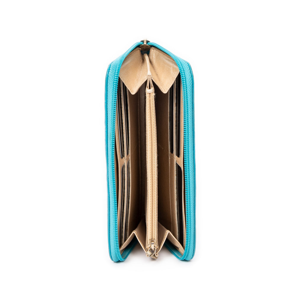 Wallet CC Camellia Zip Around Wallet Teal Camellia Embossed Calfskin Leather