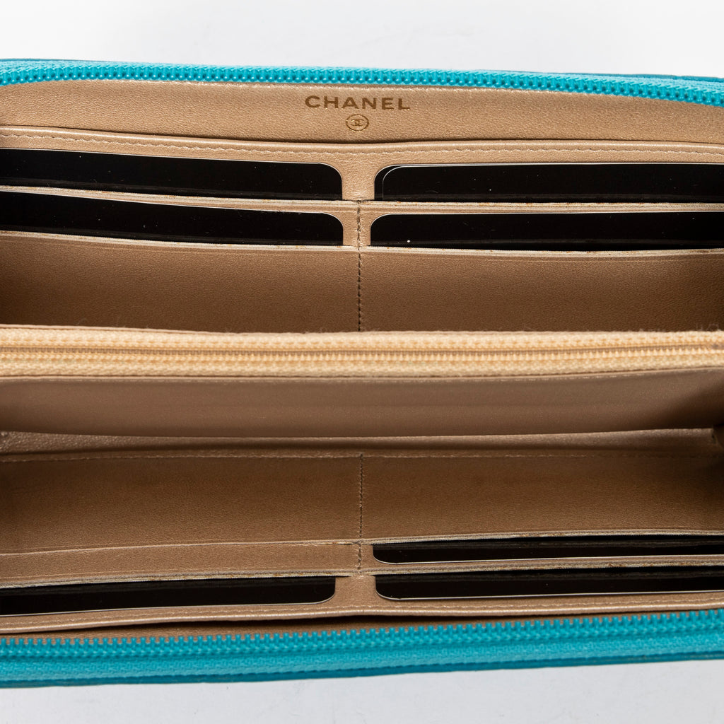 Wallet CC Camellia Zip Around Wallet Teal Camellia Embossed Calfskin Leather