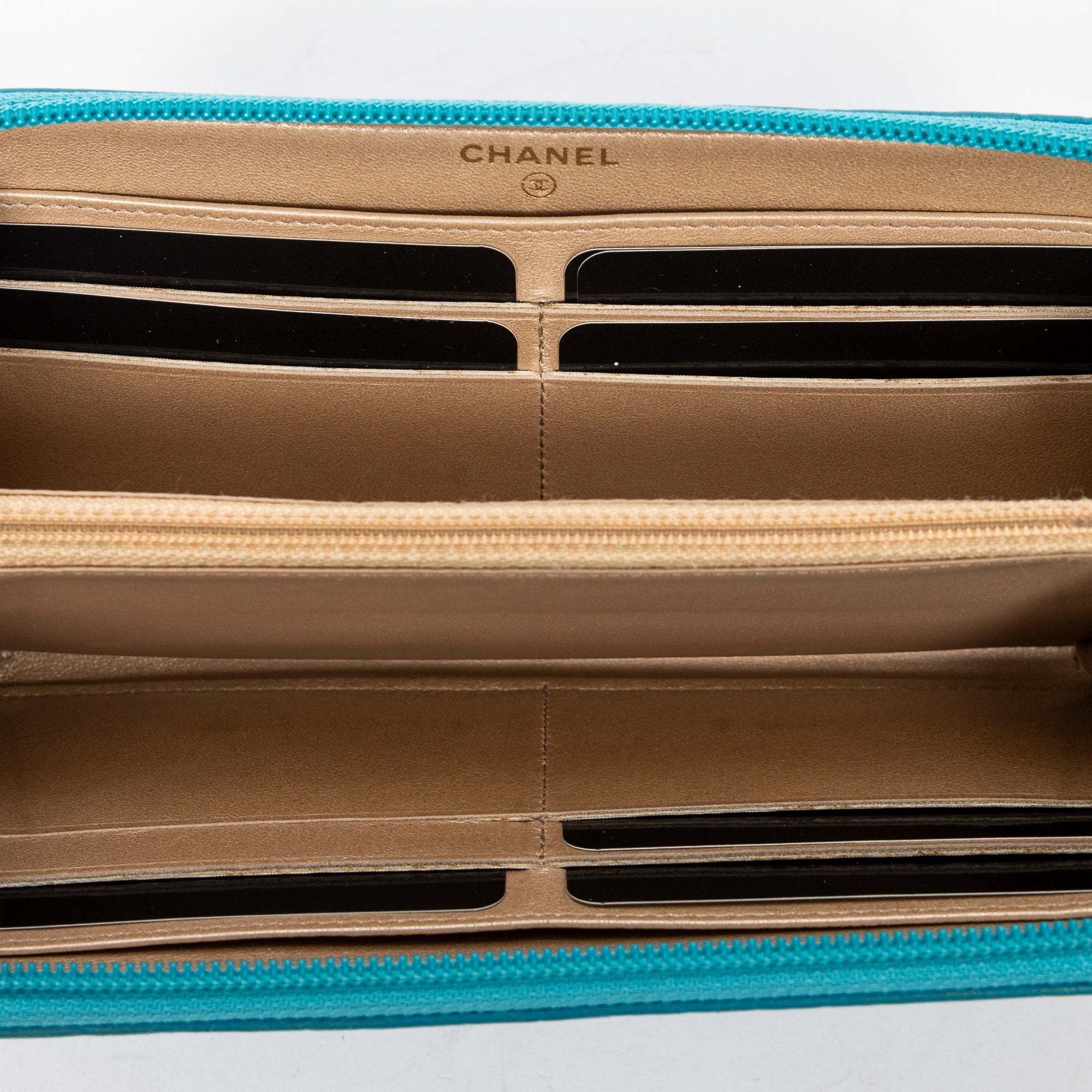 Wallet CC Camellia Zip Around Wallet Teal Camellia Embossed Calfskin Leather