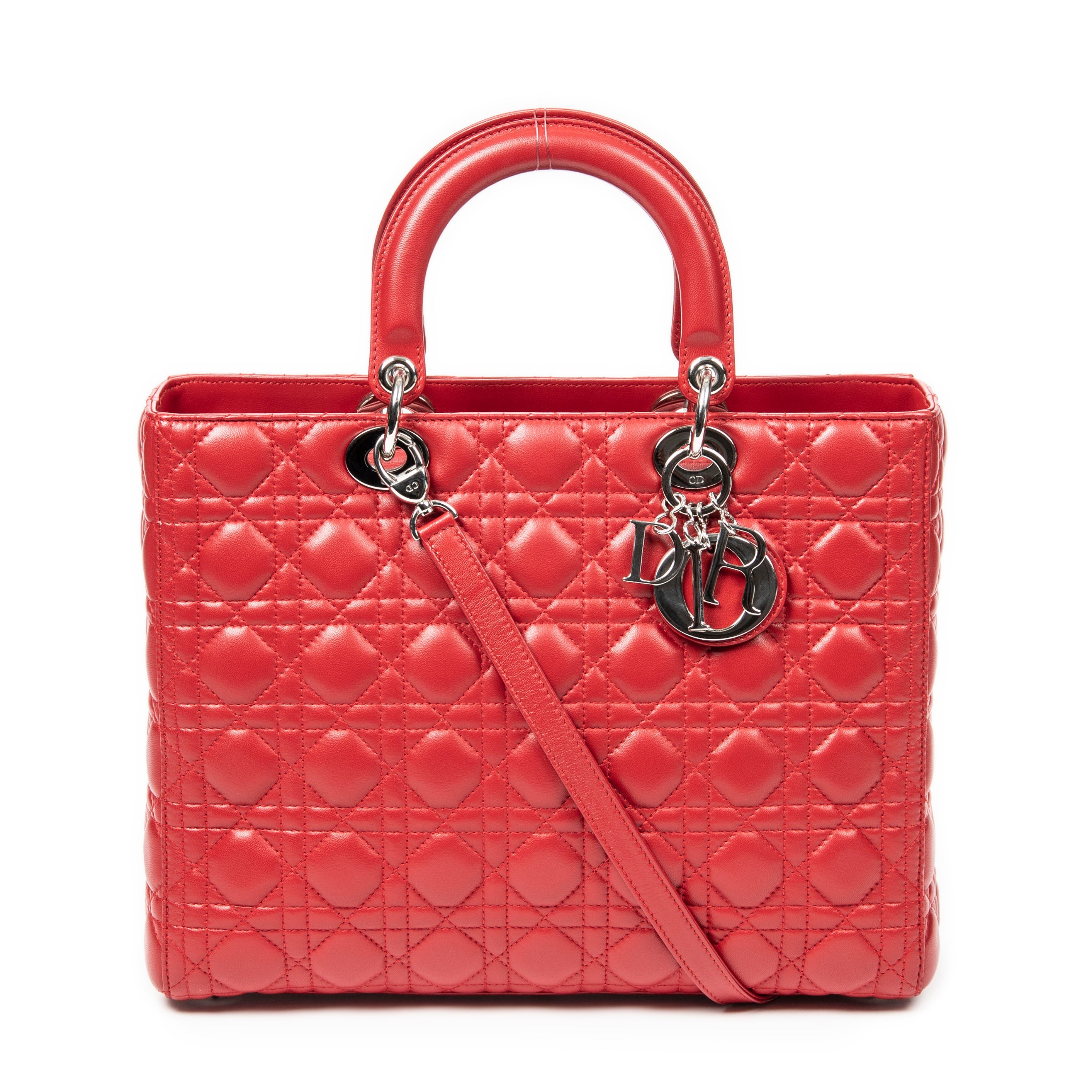 Bolso de hombro grande Lady Dior Zip de piel de cordero roja Cannage