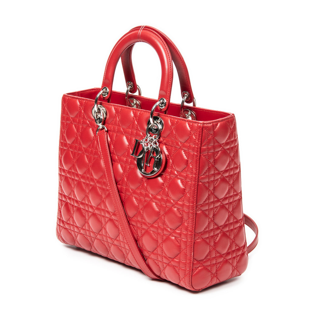 Bolso de hombro grande Lady Dior Zip de piel de cordero roja Cannage